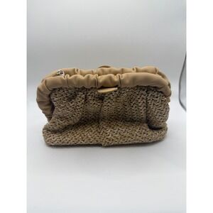 Olga Berg Woven Clutch Bag Beige Leather Trim Chain Strap Evening Bag